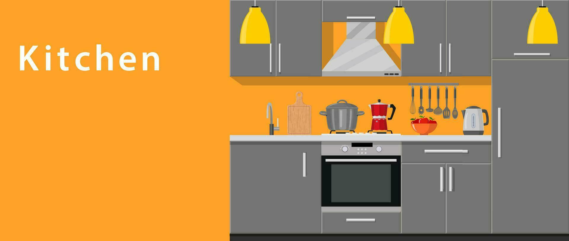 Modern kitchen interior with furniture and cooking devices. graphic design template. Working surface for cooking. vector illustration in flat design