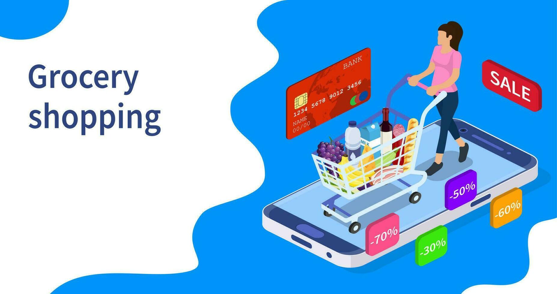 Isometric woman with shopping cart. Shopping and Supermarket concept, Can use for web banner, infographics. Vector illustration in flat style