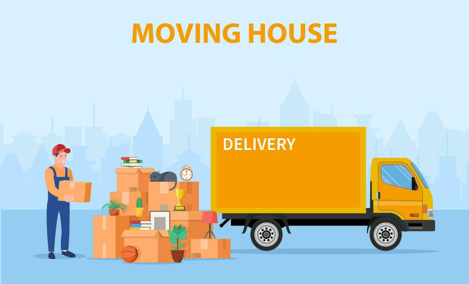 Man with cardboard boxes. Delivery service concept. moving house. Pile cardboard boxes with truck on cityscape background. Relocate to new home or office. Vector illustration in flat style