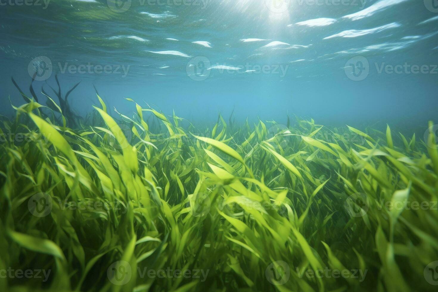 AI generated Underwater view of a group of seabed with green seagrass. AI Generated photo