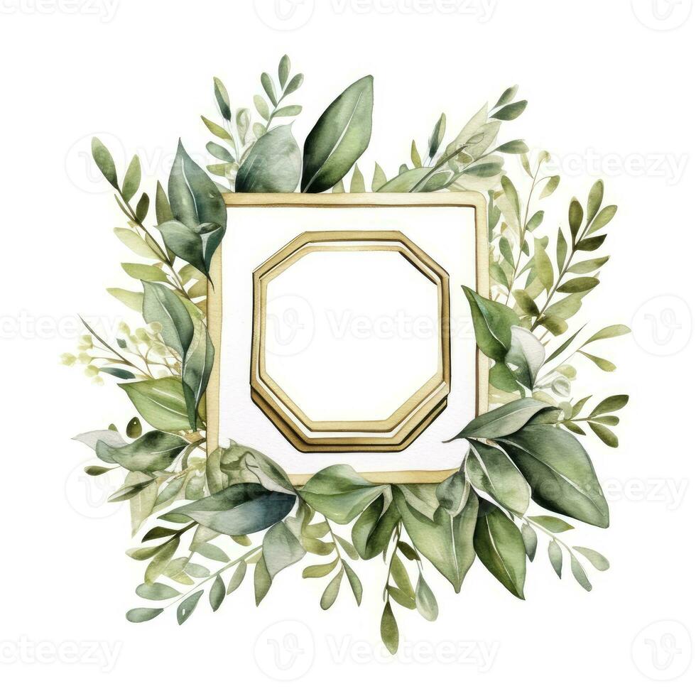 AI generated Watercolor geometry shape wreath with green leaf. AI Generated photo