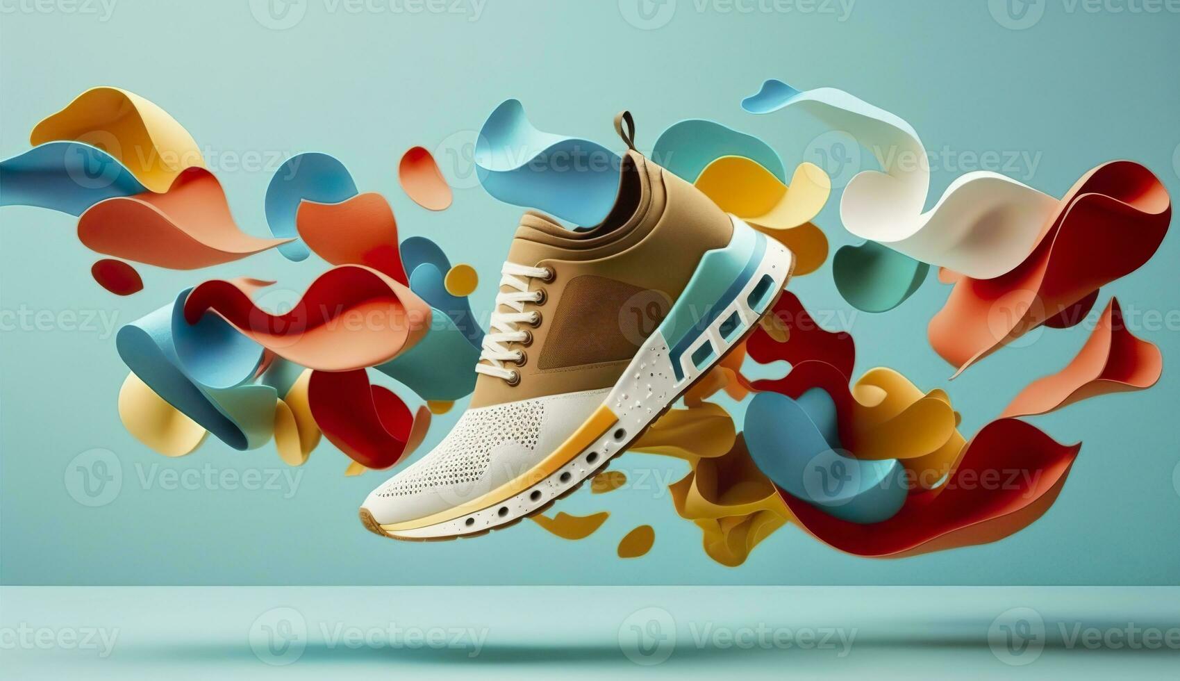 AI generated Flying trendy sneakers on creative colorful background, Stylish fashionable concept. AI Generated photo