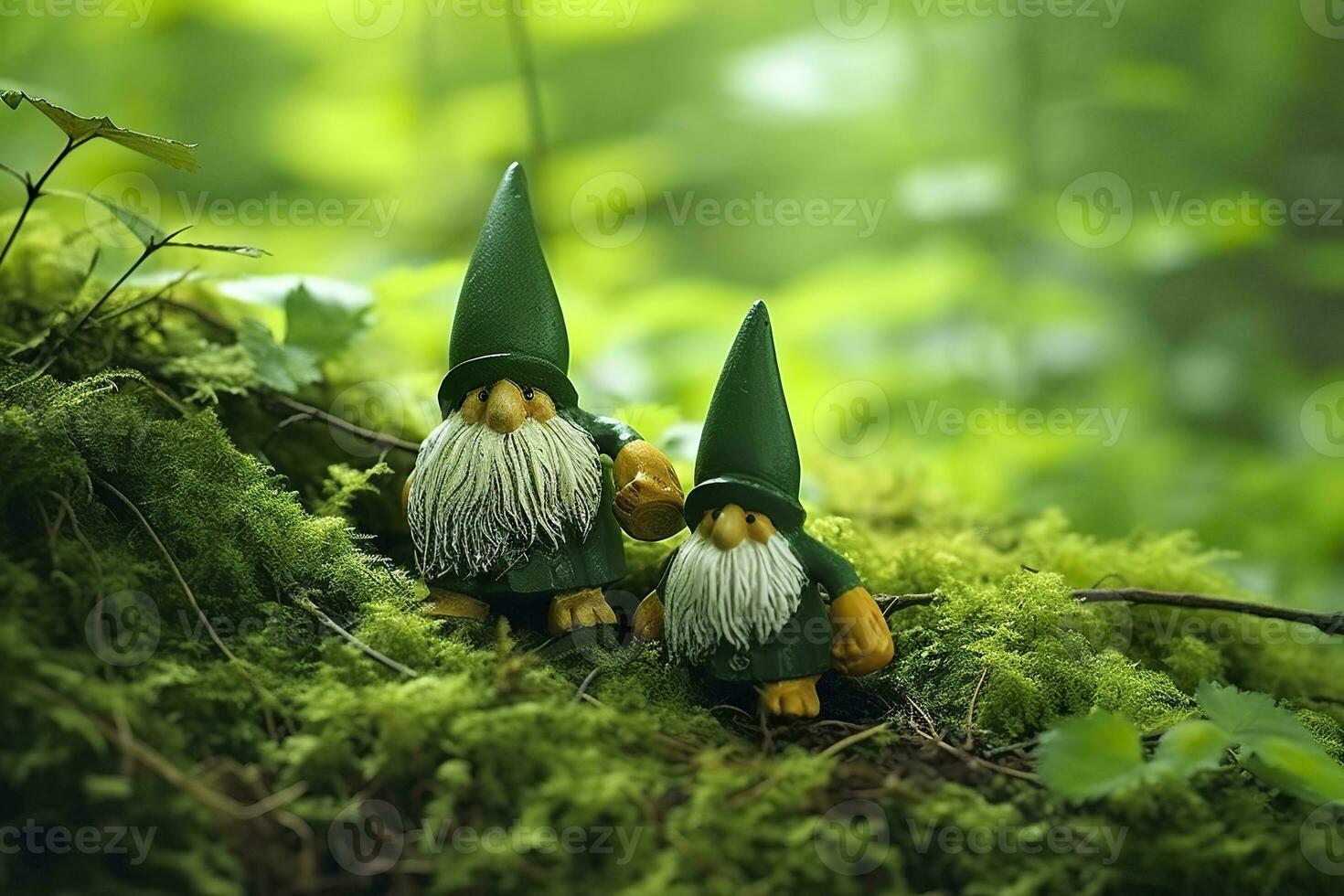 AI generated Toy Irish gnomes in a mystery forest, abstract green natural background. Generative AI photo