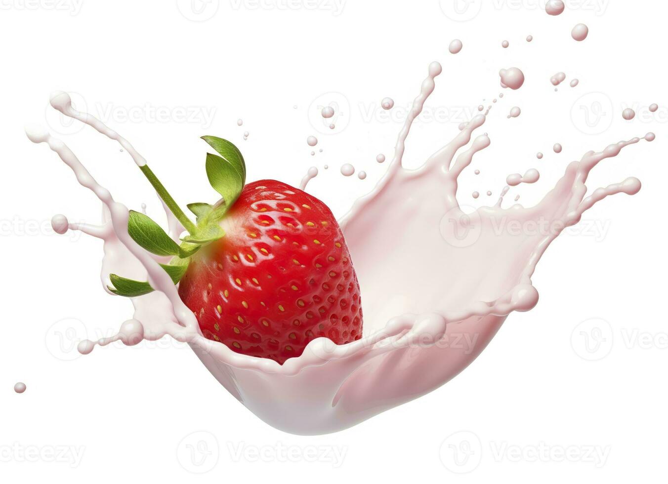 AI generated milk or yogurt splash with strawberries isolated on white background, 3d rendering. AI Generated photo
