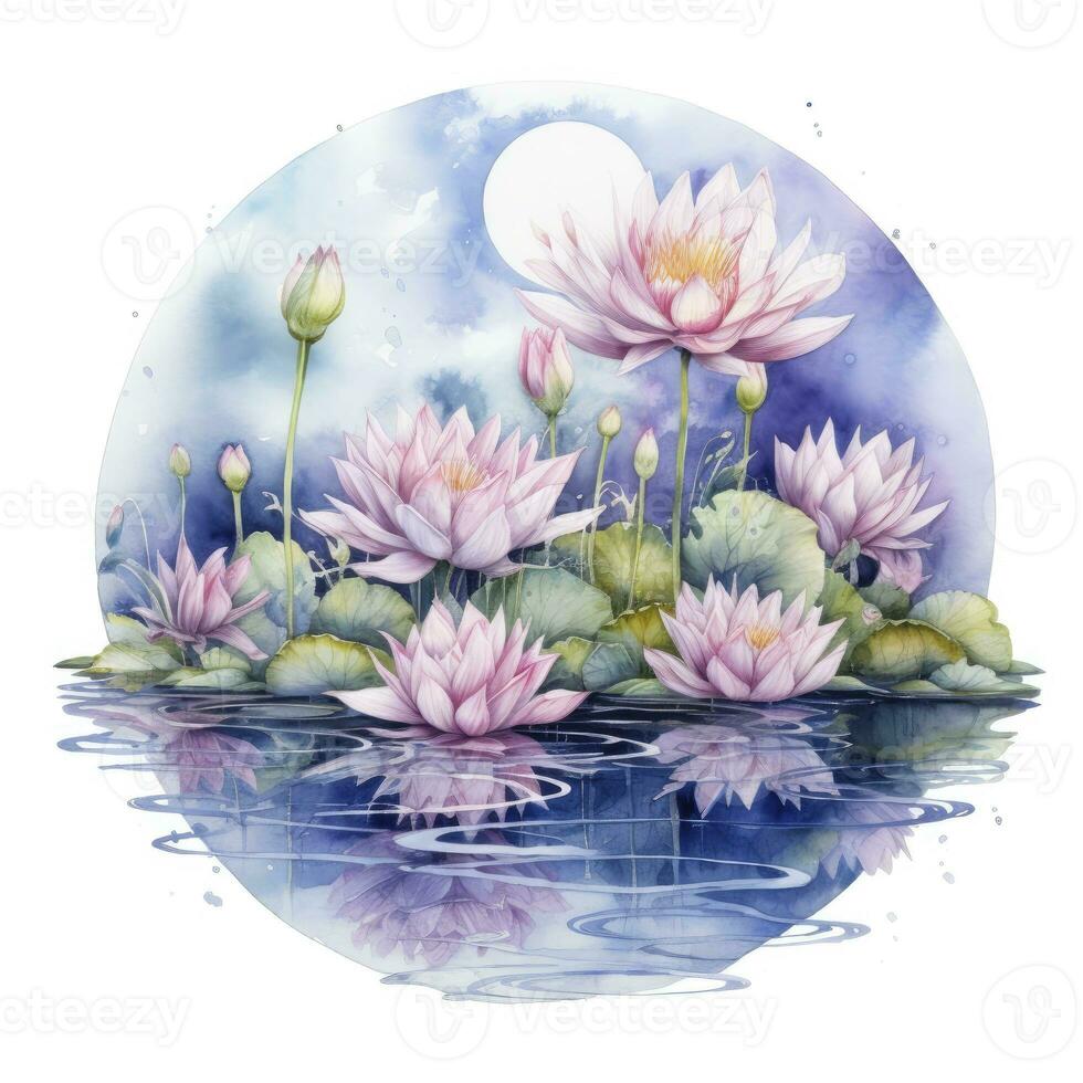AI generated Floral Moon and Water Lilies on a white background. AI Generated photo