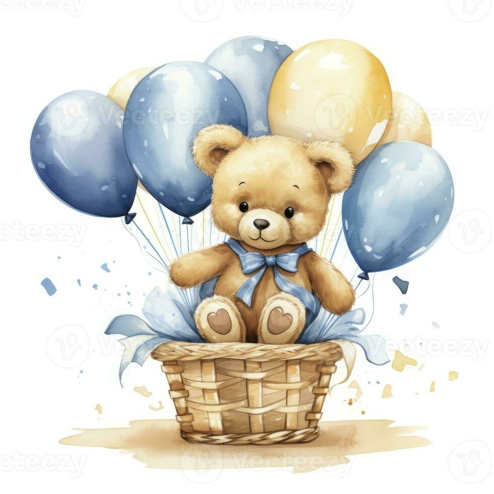 AI generated A watercolor baby teddy bear is sitting in the basket with blue and gold balloons. AI Generated photo