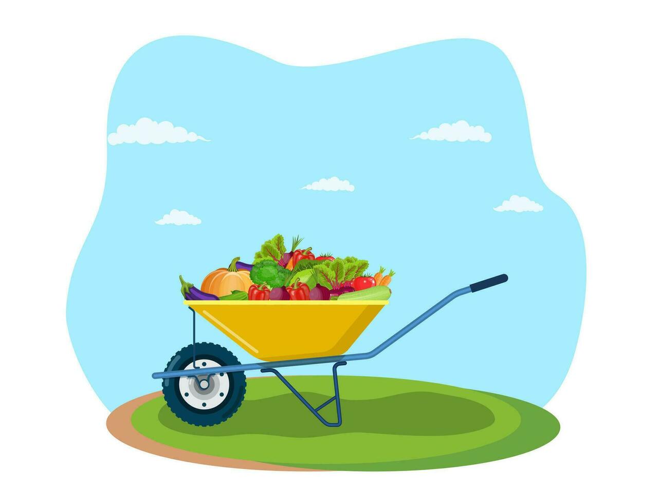 Garden cart with eggplant, tomato, beetroot, zucchini, pepper, cucumber, carrot. Organic farm products. Metal wheelbarrow full of ripe vegetables. Vector illustration in flat style