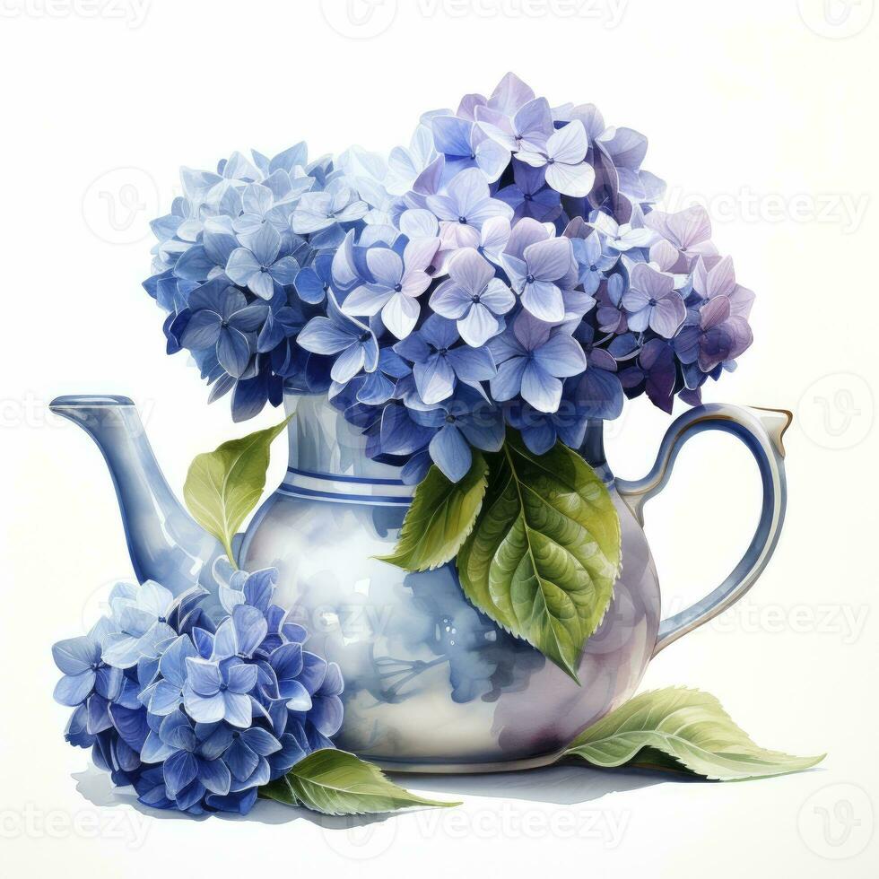 AI generated Watercolor hydrangeas in teapot isolated on white background. AI Generated photo