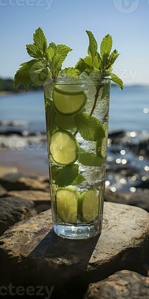 AI generated Stunning photo of cocktail mojito, a sunny summer beach in the background. Generative AI
