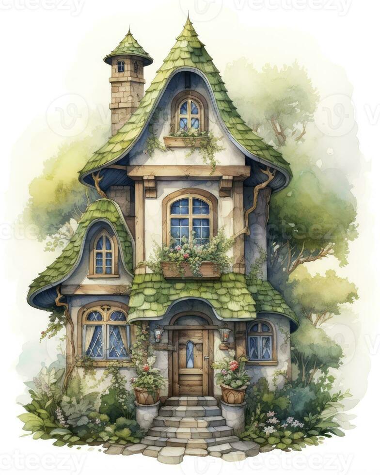 AI generated Watercolor mossy cottage isolated on white background. AI Generated photo