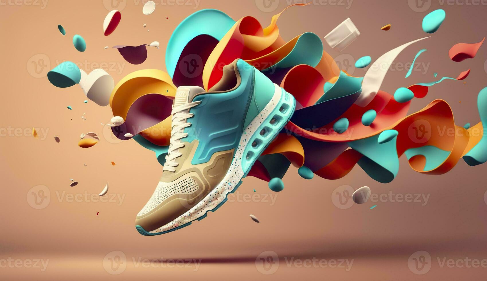 AI generated Flying trendy sneakers on creative colorful background, Stylish fashionable concept. AI Generated photo