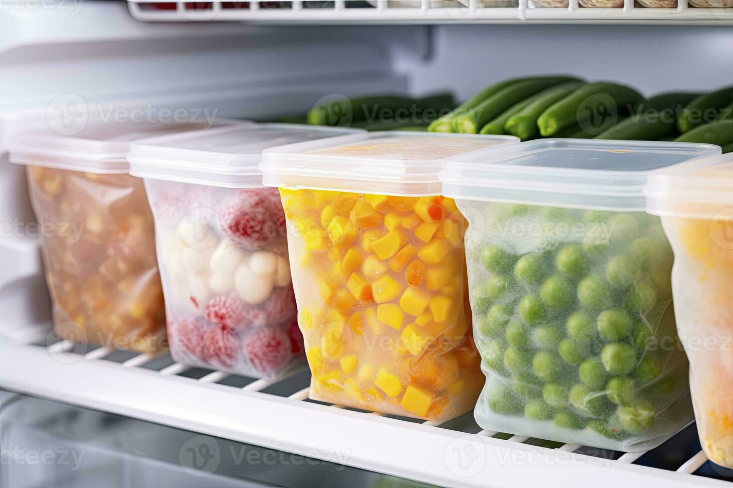 AI generated Frozen food in the freezer. Frozen vegetables. AI Generated photo