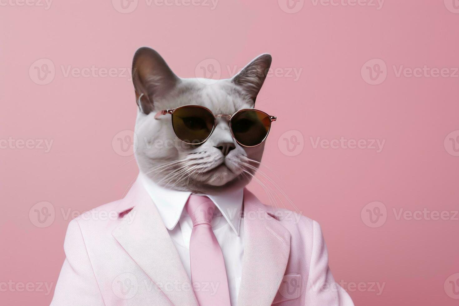 AI generated A cat is wearing sunglasses and suit on Pink Background. AI Generated photo