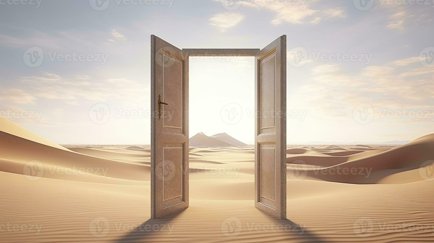 ai generado el abrió puerta en el desierto. desconocido y comienzo arriba concepto. ai generado. foto