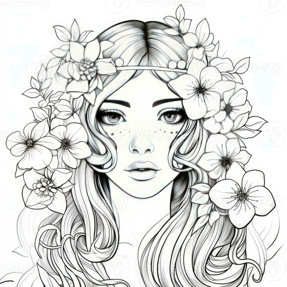 AI generated A girl on a coloring book page with Jasmine flowers. AI Generated photo