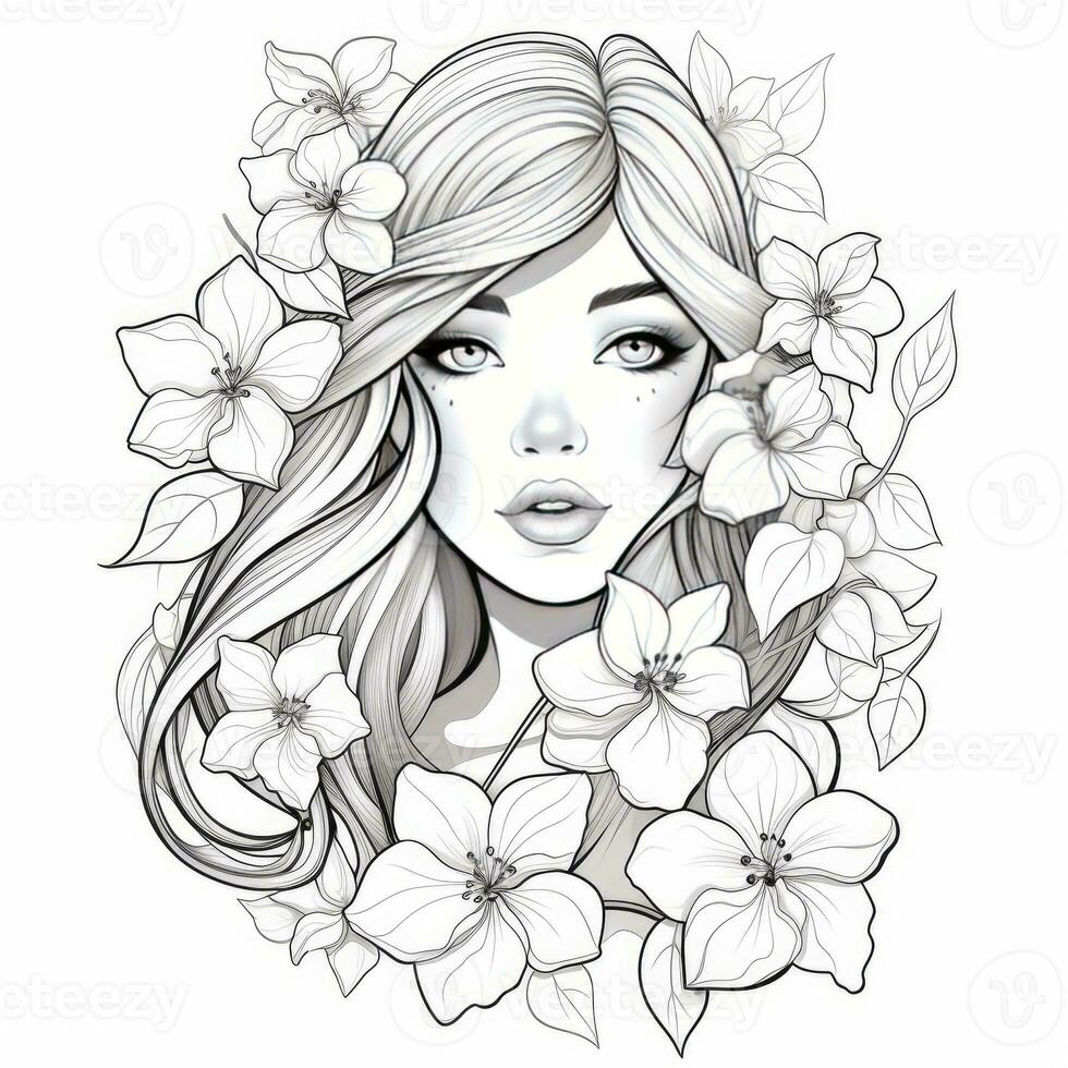 AI generated A girl on a coloring book page with Jasmine flowers. AI Generated photo