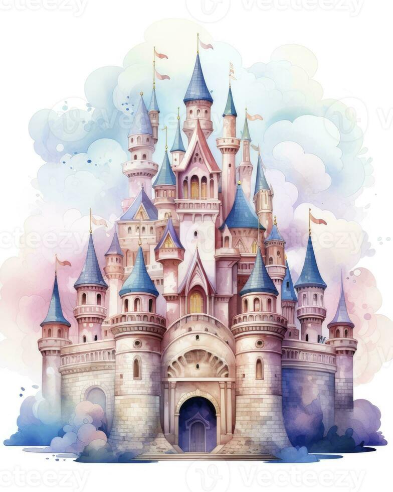 AI generated Colorful watercolor kawaii castle isolated on white background. AI Generated photo