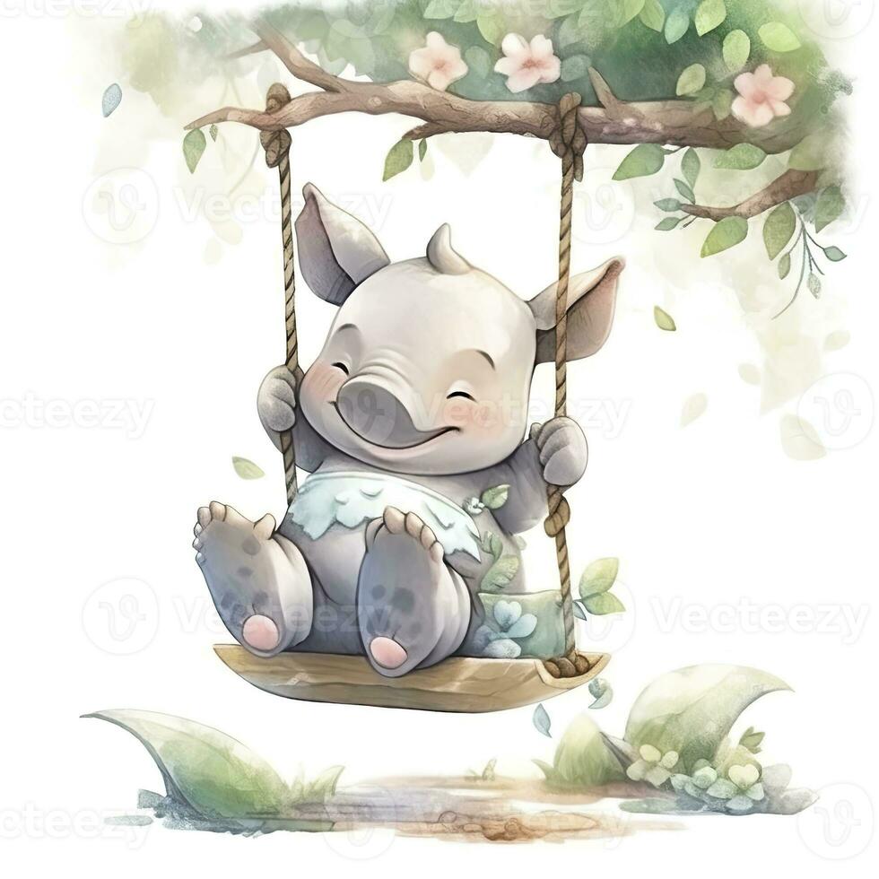 AI generated Cute happy baby rhino on swings in the tree in watercolor style. AI Generated photo