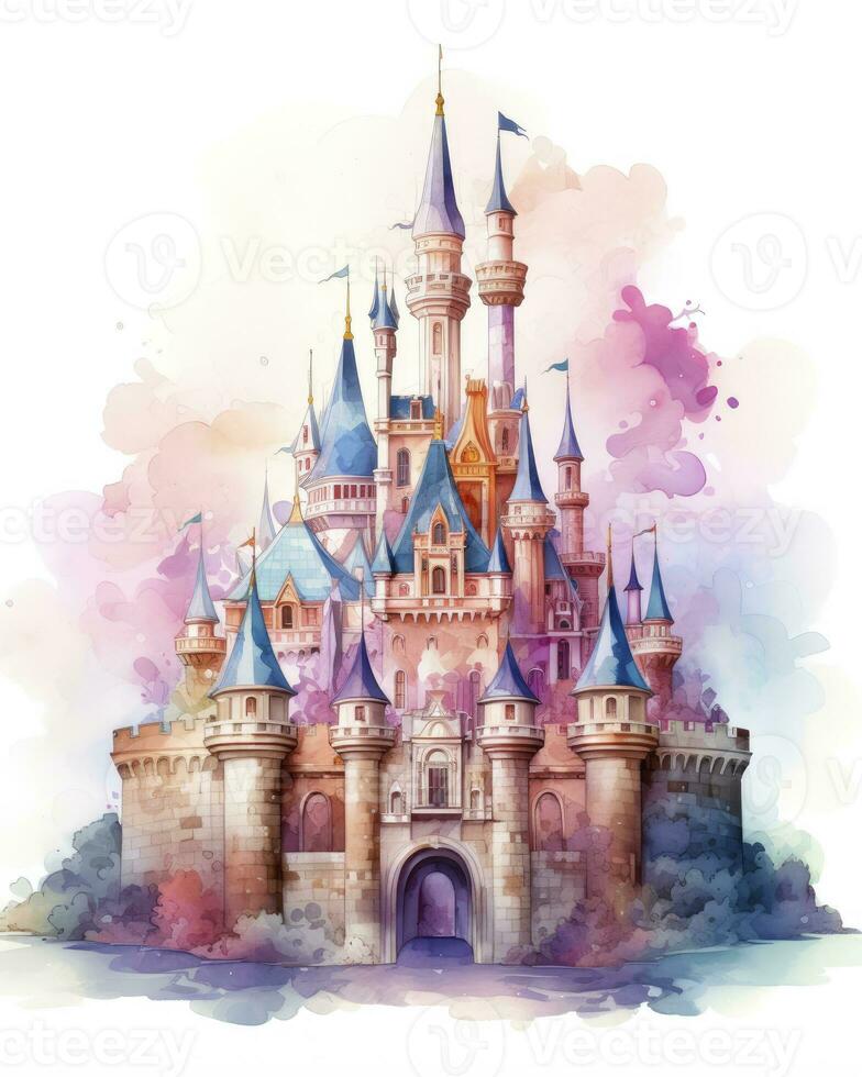 AI generated Colorful watercolor kawaii castle isolated on white background. AI Generated photo