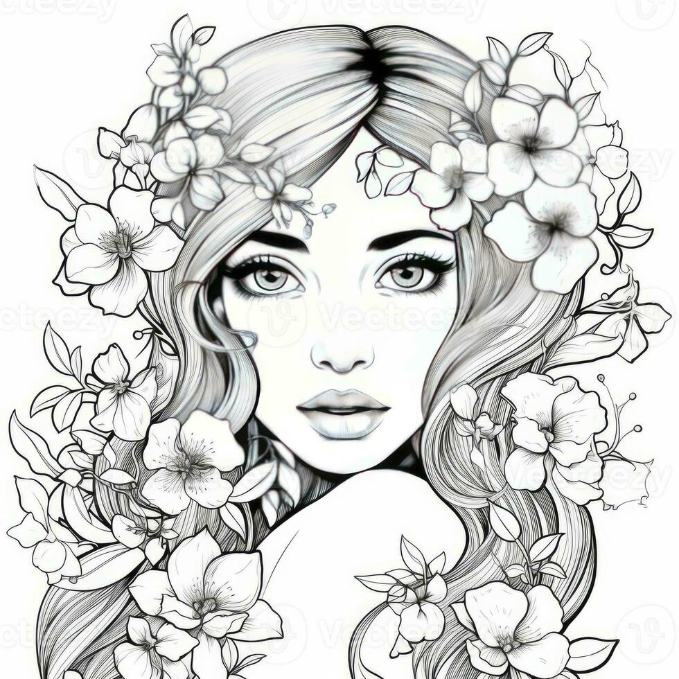 AI generated A girl on a coloring book page with Jasmine flowers. AI Generated photo