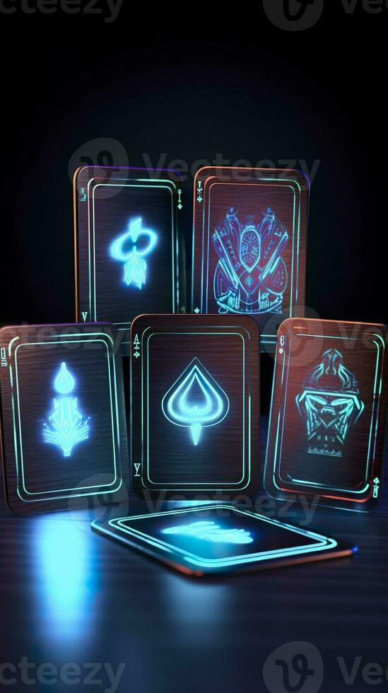 AI generated Some playing cards with glowing neon designs on a tablet. Generative AI photo