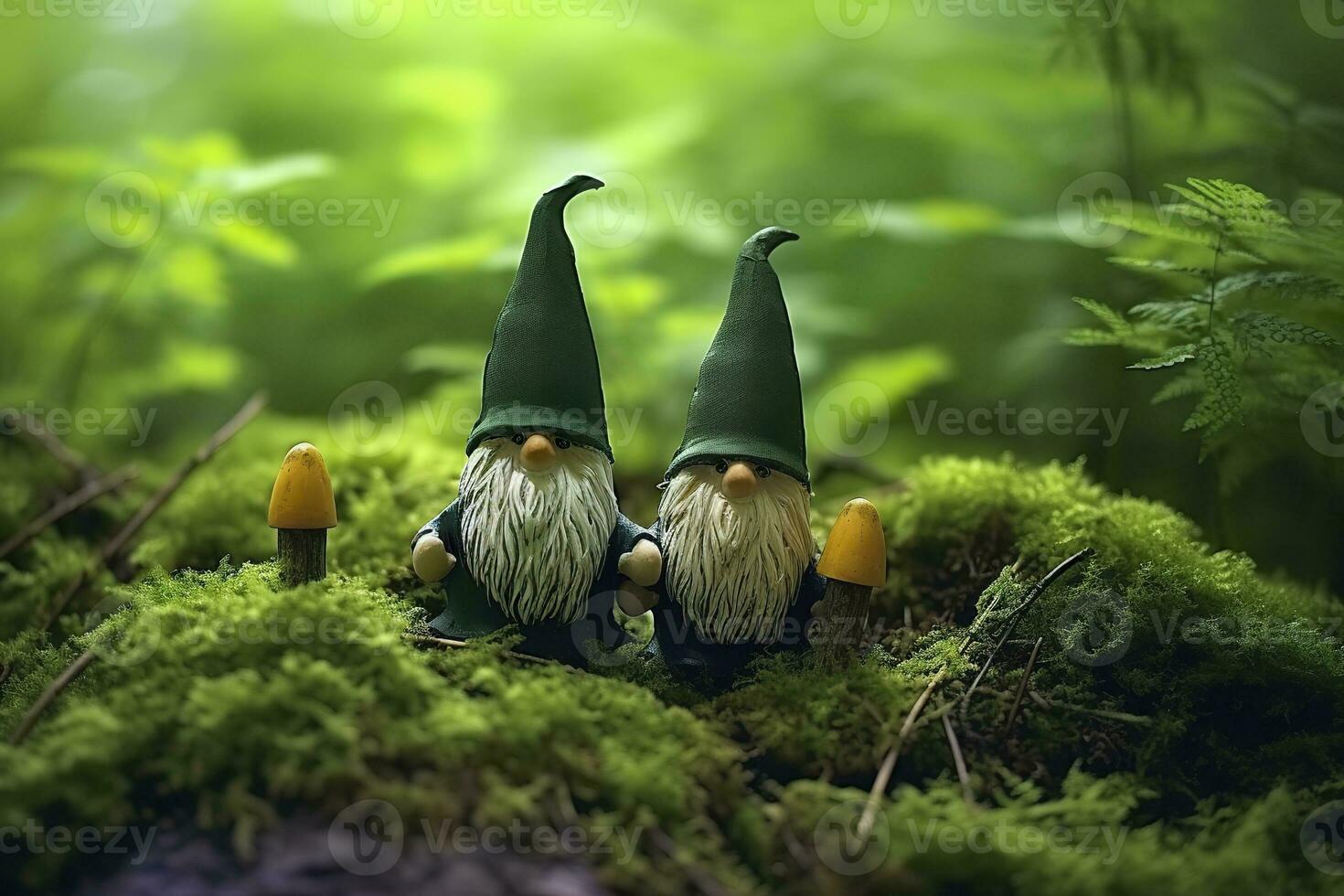 AI generated Toy Irish gnomes in a mystery forest, abstract green natural background. Generative AI photo