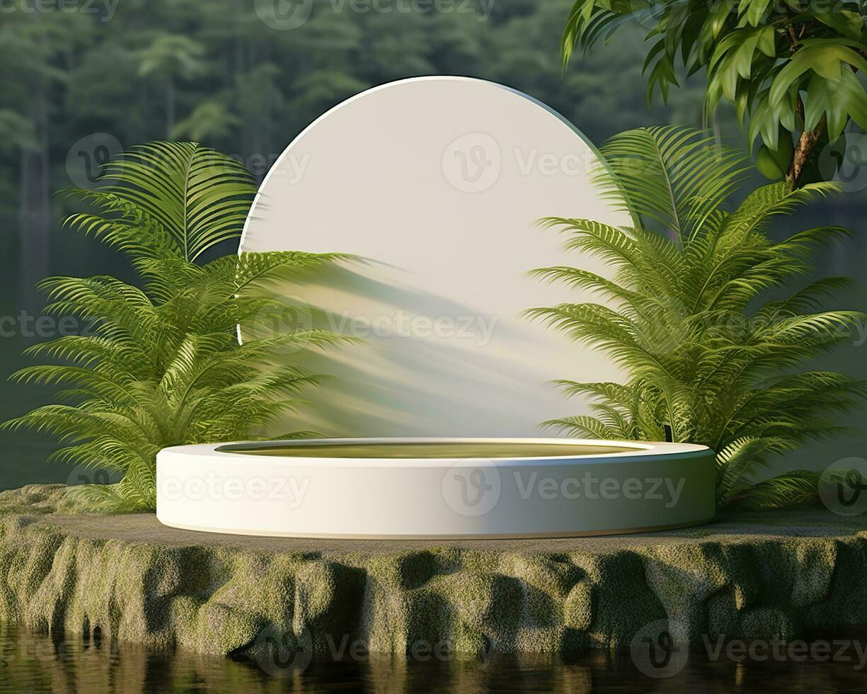 AI generated Stone product display podium for cosmetic product with green nature garden background. Generative AI photo