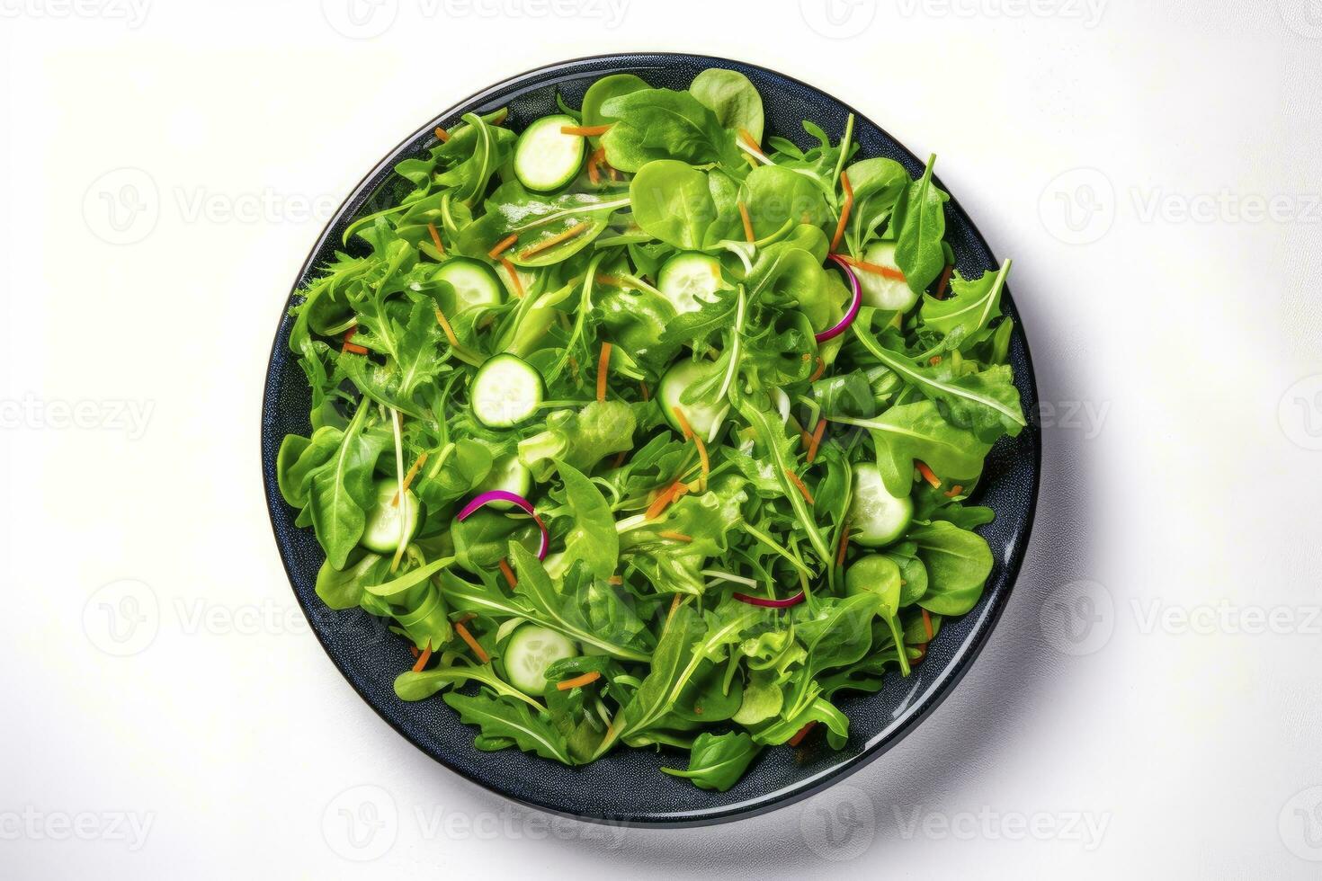 AI generated Healthy fresh green salad plate shot from above on white background. AI Generated photo