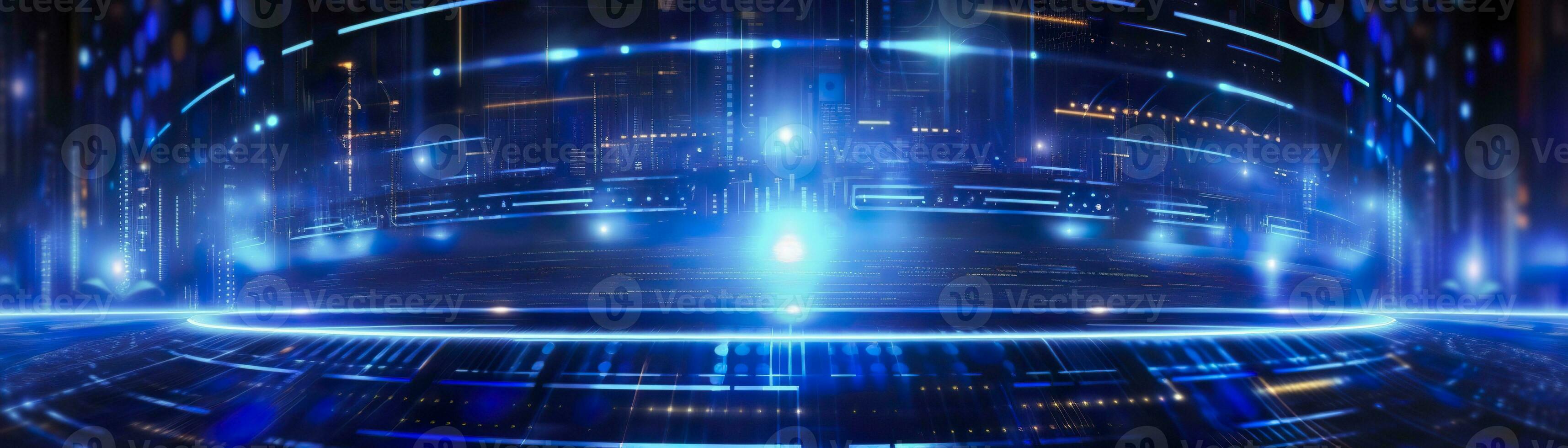 AI generated science fiction wallpaper with blue lights. Generative AI photo