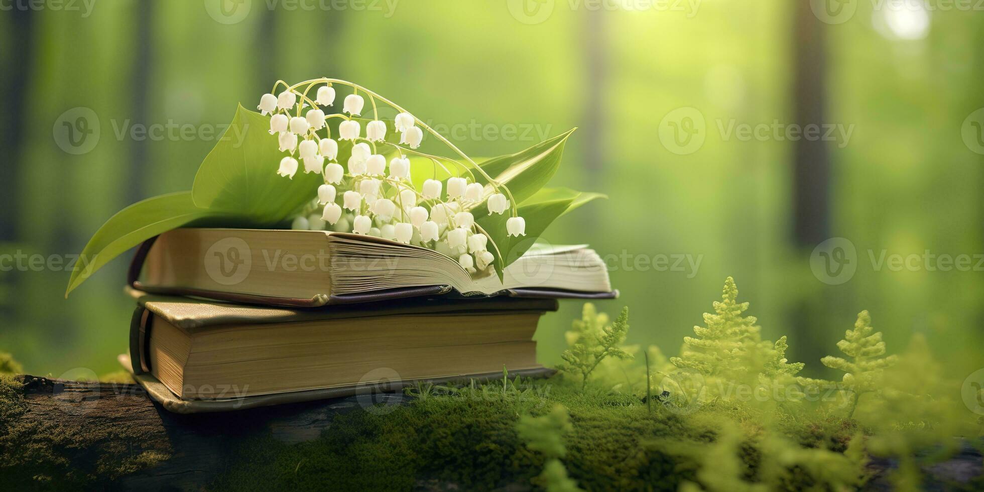 AI generated Lily of the Valley flowers and old books in the forest, green natural background. AI Generated photo