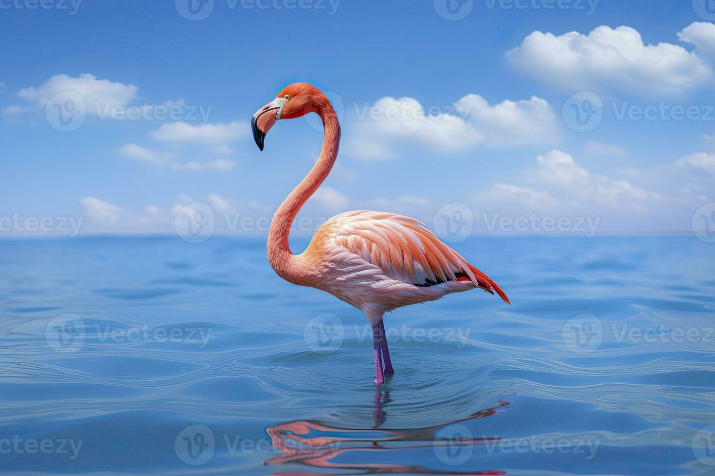 AI generated Pink Flamingo in the water. AI Generated photo