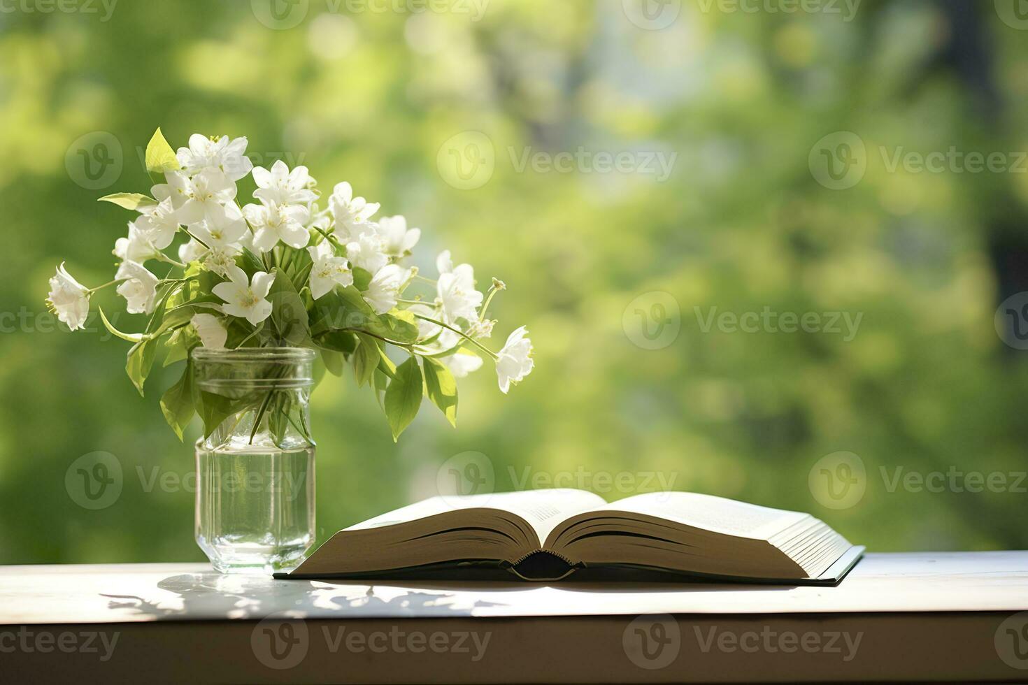 AI generated Jasmine flowers in a vase and open book on the table, green natural background. AI Generated photo