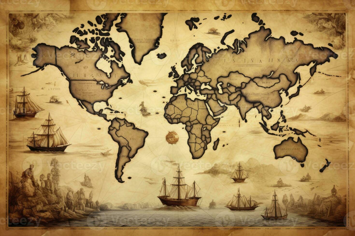 AI generated Great detailed illustration of the world map in vintage style. AI Generated photo