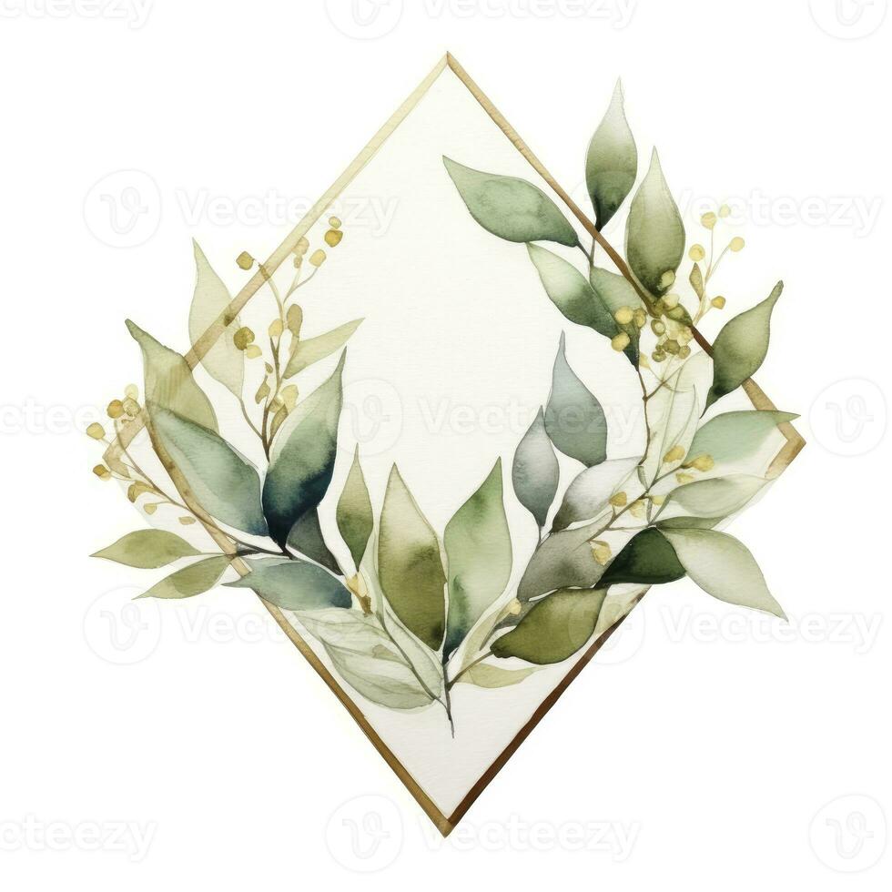 AI generated Watercolor geometry shape wreath with green leaf. AI Generated photo