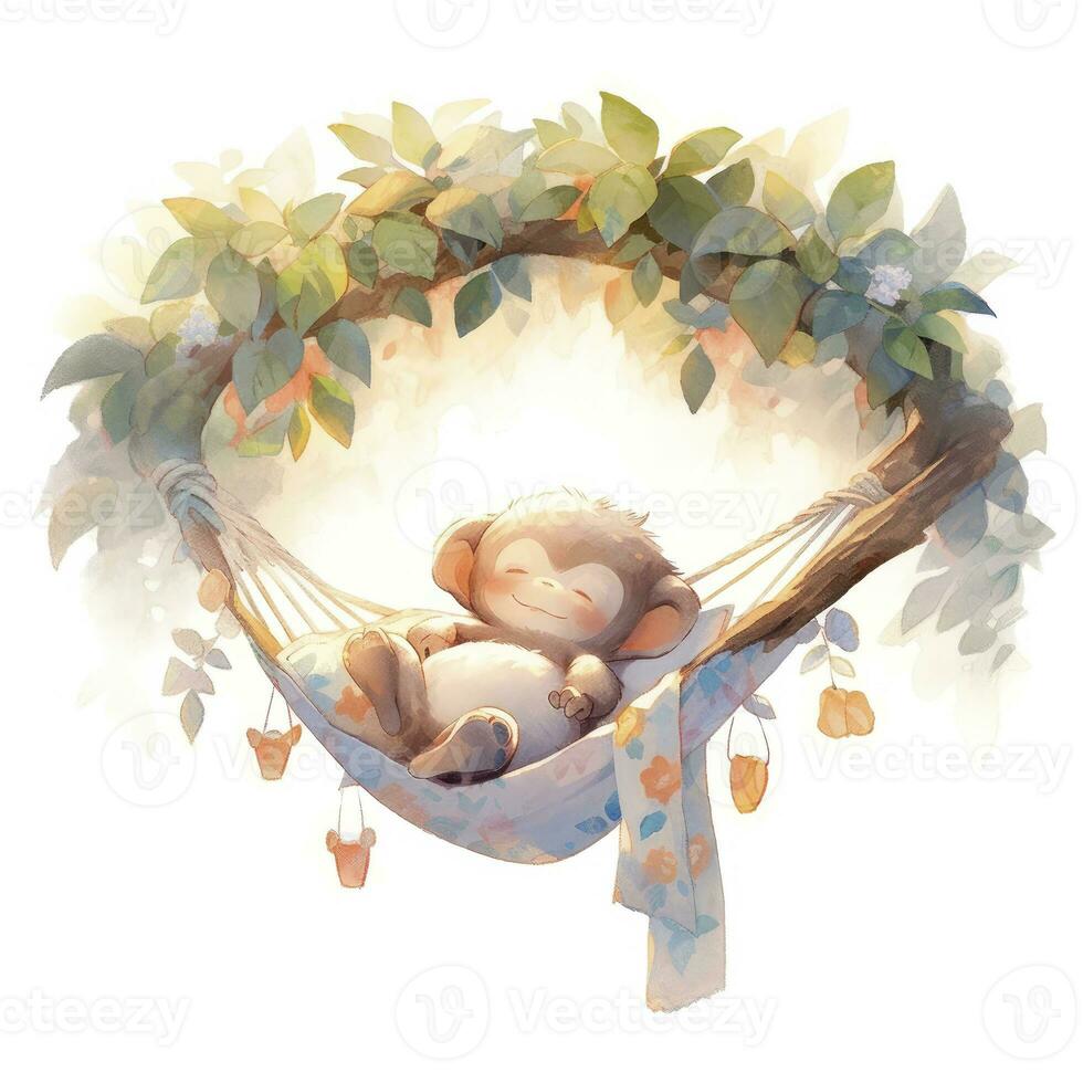 AI generated A sleepy baby monkey in a hammock. watercolor illustration. AI Generated photo