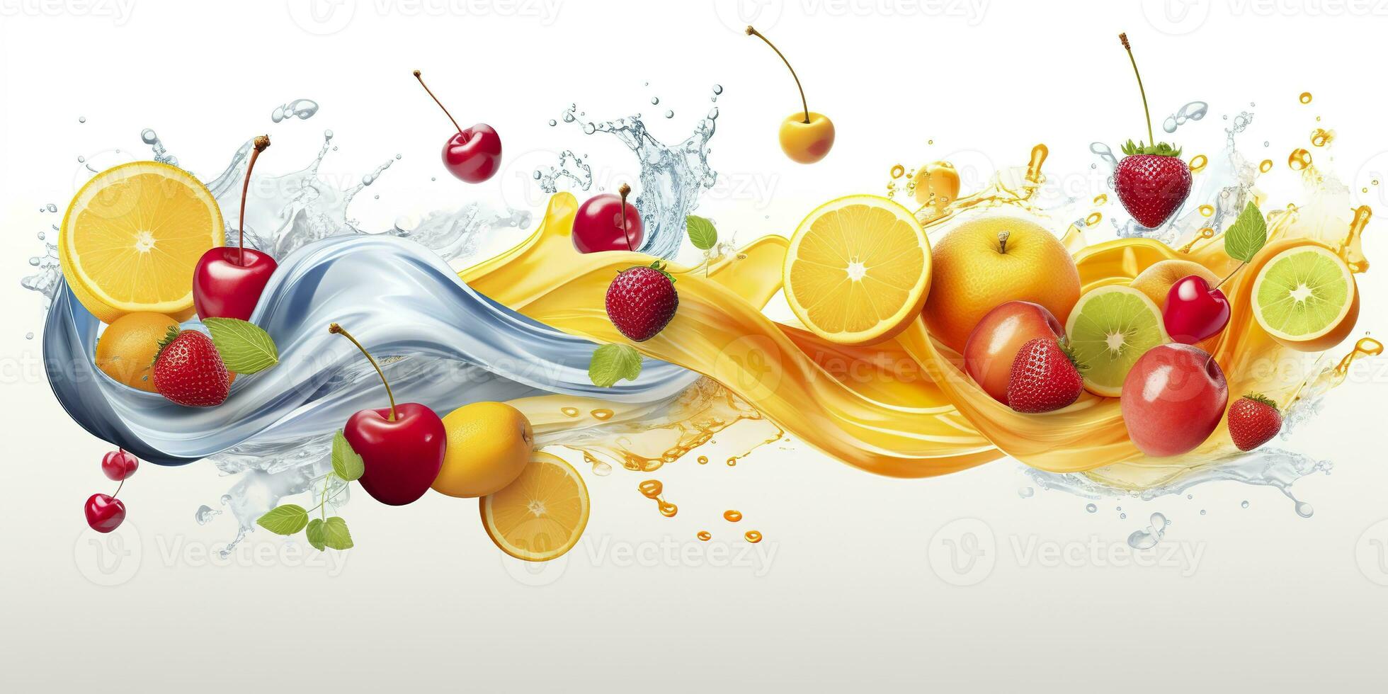 AI generated Swirl water splash with fruits. liquid flow with ice cubes and a mix of fresh fruits. Generative AI photo