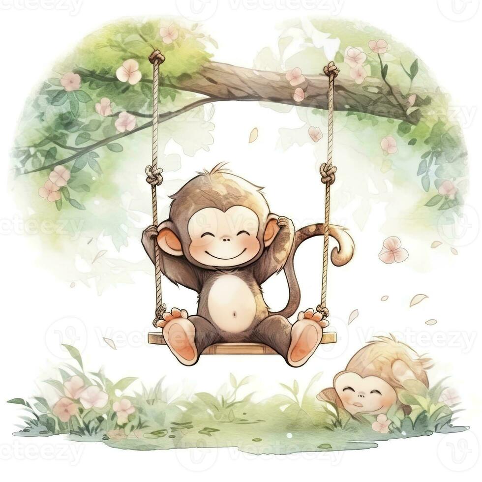 AI generated Cute happy baby monkey on swings on a tree in watercolor. AI Generated photo