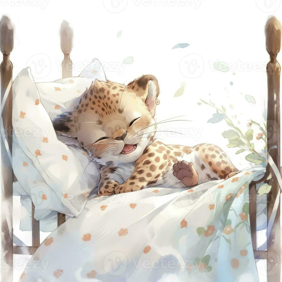 AI generated A sleepy baby leopard in a bedding, watercolor illustration. AI Generated photo