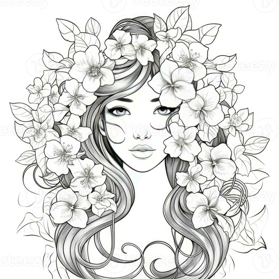 AI generated A girl on a coloring book page with Jasmine flowers. AI Generated photo