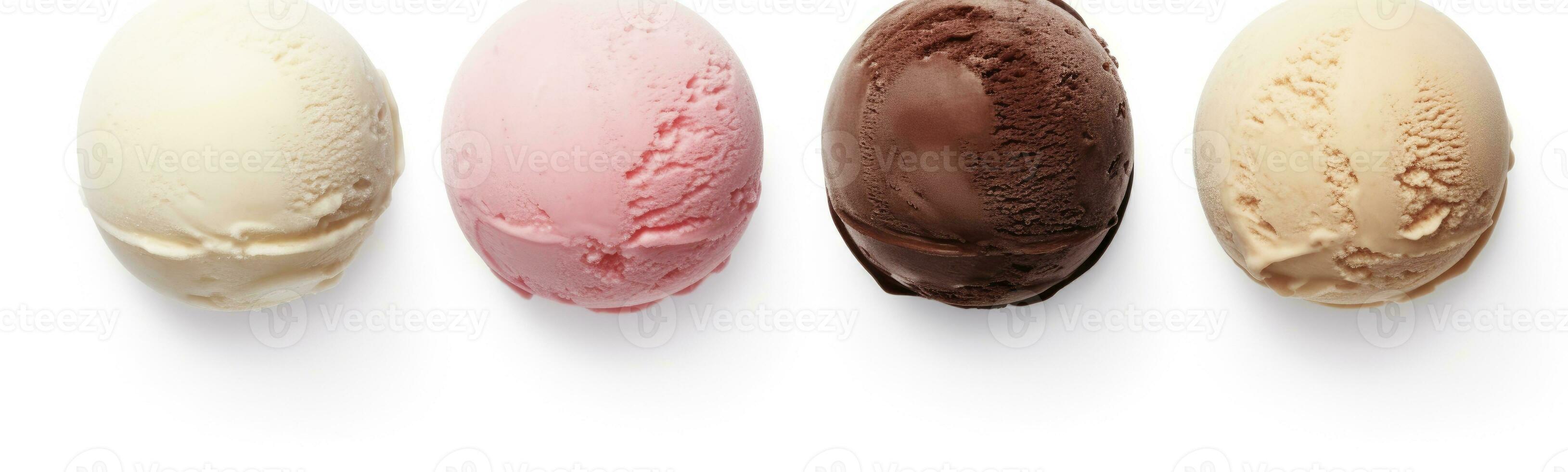 AI generated Set of four various ice cream balls or scoops isolated on white background. AI Generated photo