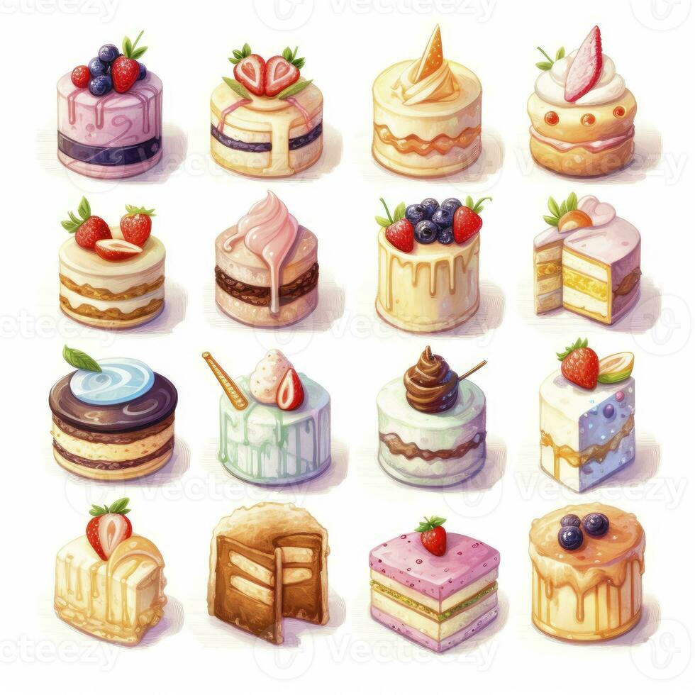 AI generated Set of Cake piece illustration on white background. AI Generated photo