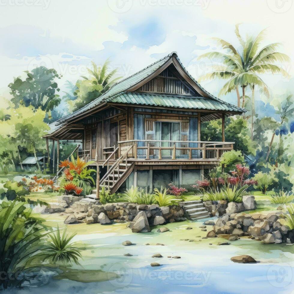 AI generated A watercolored bright serene image of a traditional bahay kubo. AI Generated photo