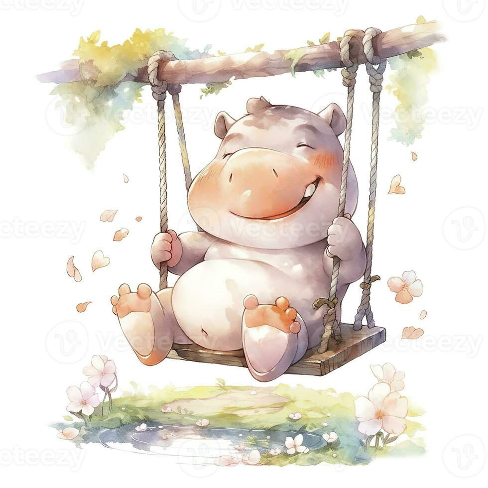 AI generated Cute happy baby rhino on swings in the tree in watercolor style. AI Generated photo