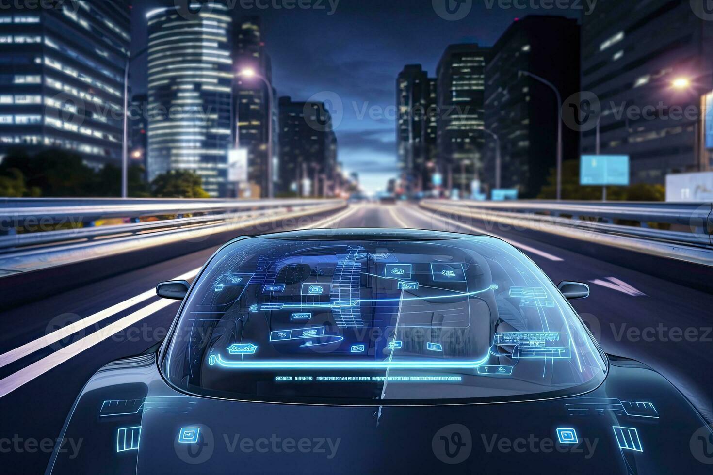 AI generated Modern smart car technology intelligent system using Heads up display HUD Autonomous self driving mode vehicle on city road with graphic sensor radar signal system intelligent car. photo