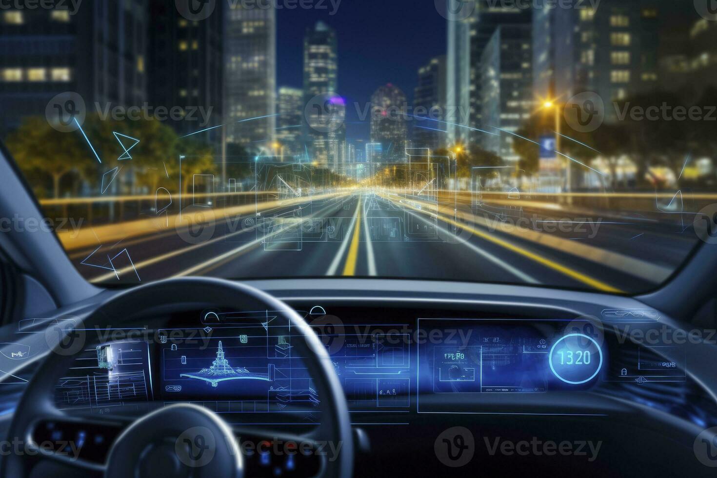 AI generated Modern smart car technology intelligent system using Heads up display HUD Autonomous self driving mode vehicle on city road with graphic sensor radar signal system intelligent car. photo
