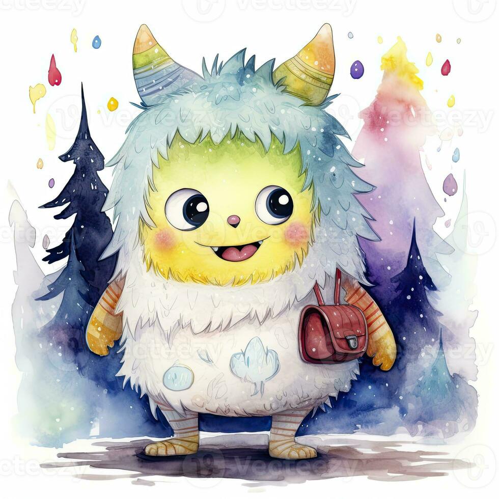 AI generated Watercolor cute monster on white background. AI Generated photo