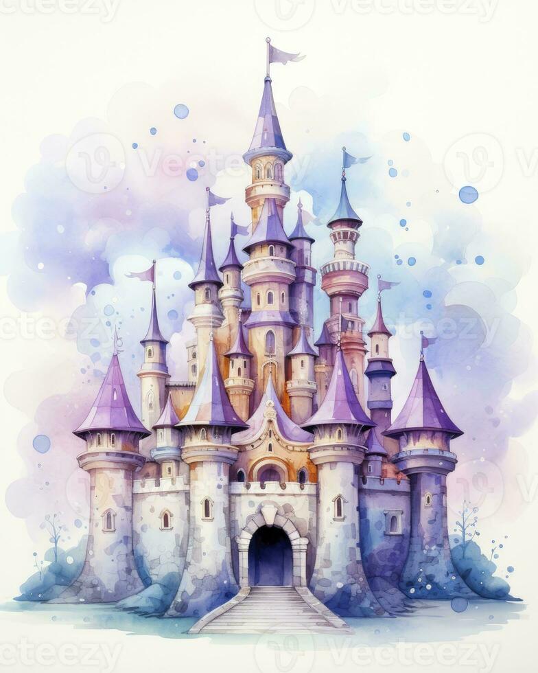 AI generated Colorful watercolor kawaii castle isolated on white background. AI Generated photo