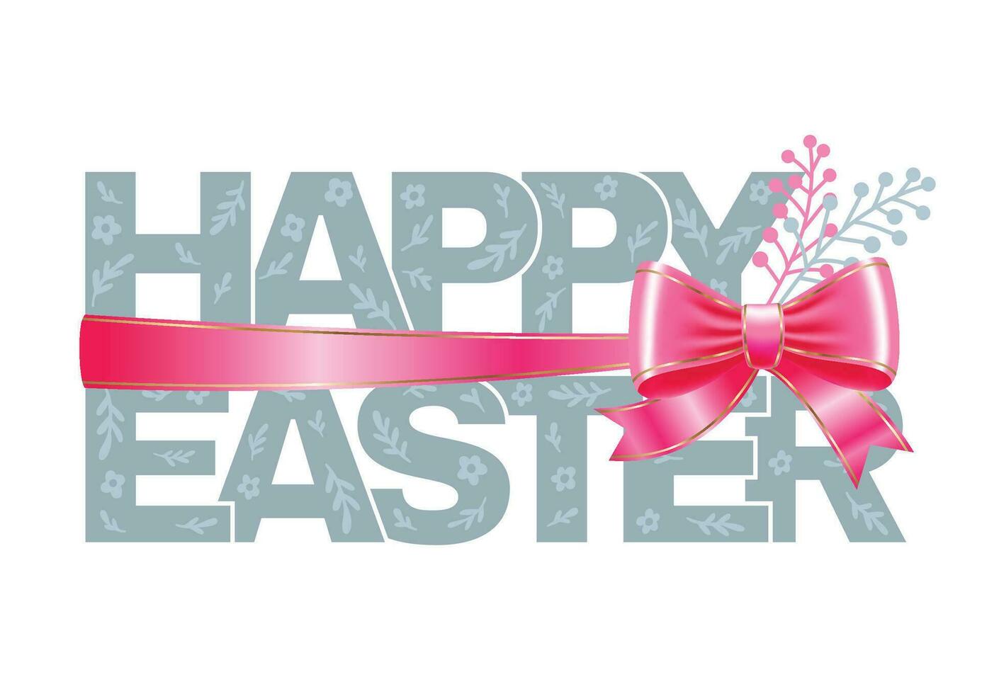 Happy Easter inscription tied with a pink 3D bow. Gray text with flowers. Vector illustration isolated on white.