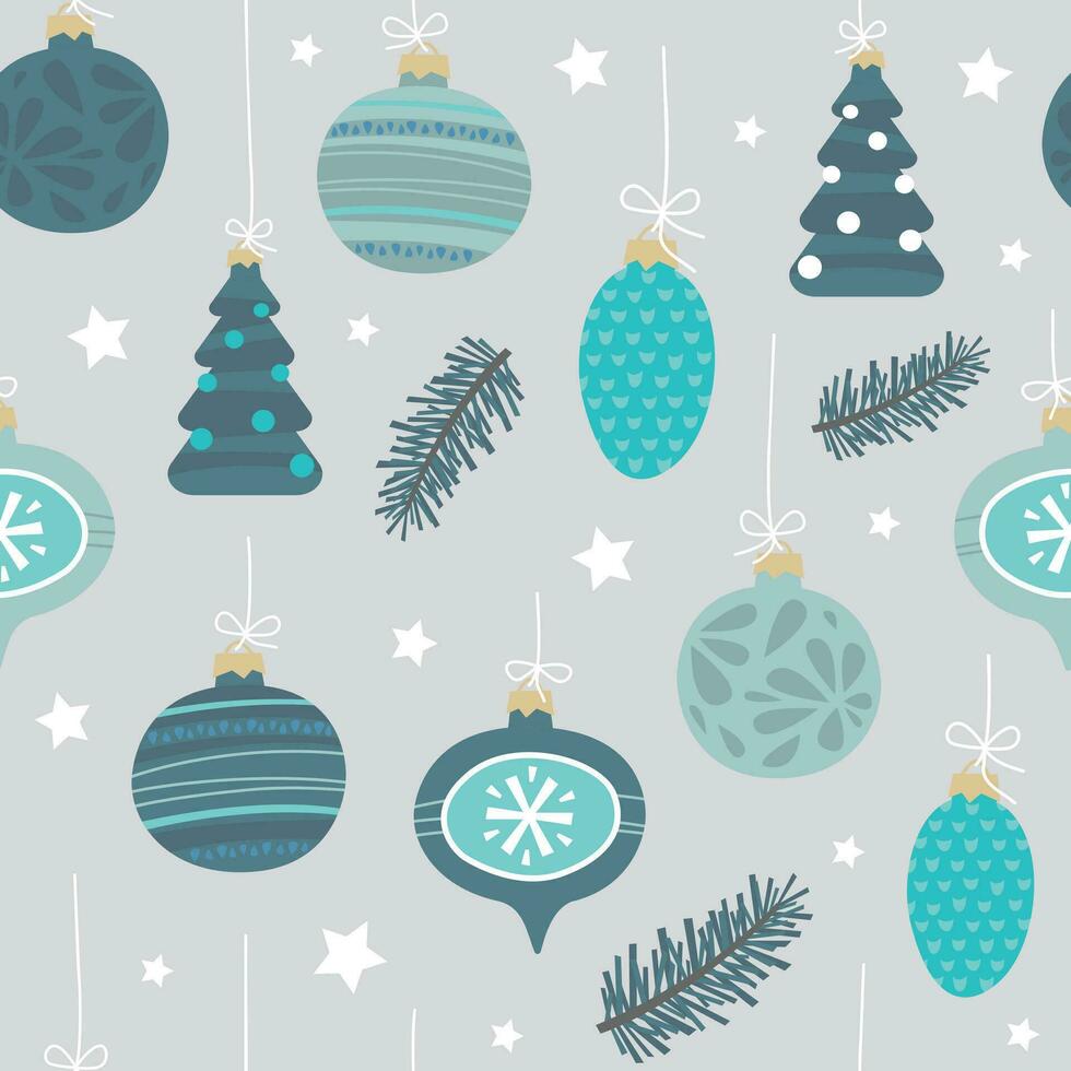 Seamless pattern of Christmas decorations, stars, and fir branches. Modern flat illustration in trendy colors. vector