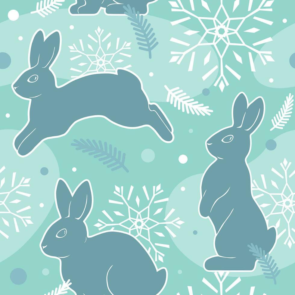 Delicate blue seamless pattern of rabbits, snowflakes, and fir branches. Winter vector modern illustration. For wrapping paper, fabric, and wallpaper.